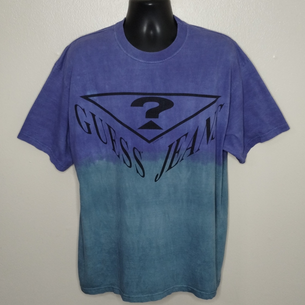 Guess Men's Short Sleeve Dip-Dye Tee in Purple and Teal with Logo